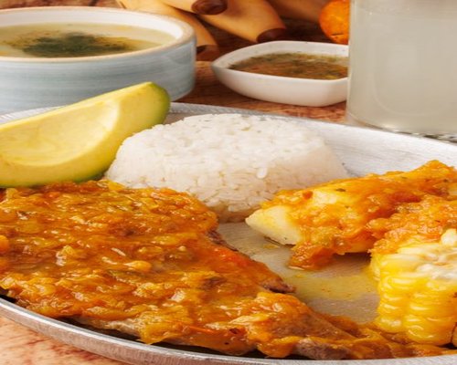 Colombian home cooked meal with rice beans and avocado